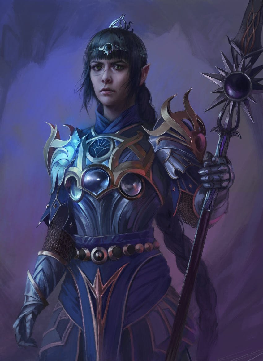 1girl absurdres armor baldur's_gate baldur's_gate_3 bella_bergolts black_hair breastplate cowboy_shot diadem dungeons_and_dragons gauntlets green_eyes hair_ornament highres holding holding_polearm holding_weapon long_hair looking_at_viewer multicolored_background polearm scar scar_on_face scar_on_nose shadowheart_(baldur's_gate) solo weapon