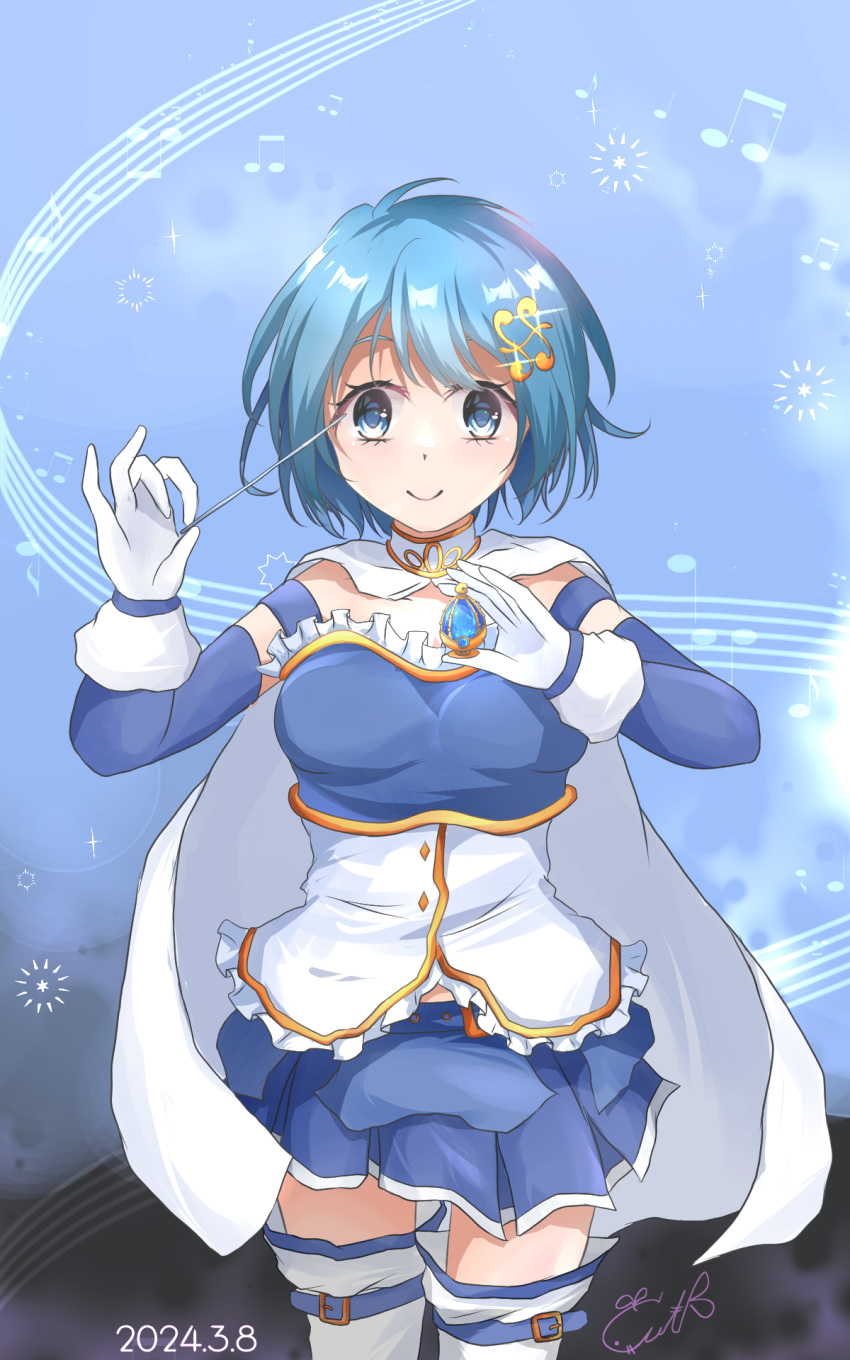 1girl blue_eyes blue_hair bow_(music) breasts cape dated detached_sleeves fortissimo gem gloves hair_ornament highres holding holding_bow_(music) holding_gem kujiramo magical_girl mahou_shoujo_madoka_magica mahou_shoujo_madoka_magica_(anime) medium_breasts miki_sayaka miniskirt musical_note musical_note_hair_ornament pleated_skirt short_hair signature skirt smile soul_gem sparkle staff_(music) thigh-highs white_cape white_gloves zettai_ryouiki