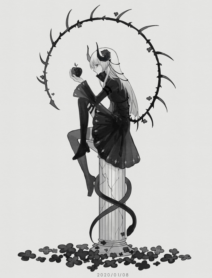 1girl animal apple bone_tail carriann000 crack curled_horns dress earclip flower food from_side fruit full_body hair_ribbon hand_up high_collar highres holding holding_food holding_fruit horns knee_up long_hair long_sleeves looking_at_viewer monochrome on_top_of_pole original pillar pointy_ears profile ribbon sideways_glance simple_background sitting snake spikes thigh-highs wide_sleeves