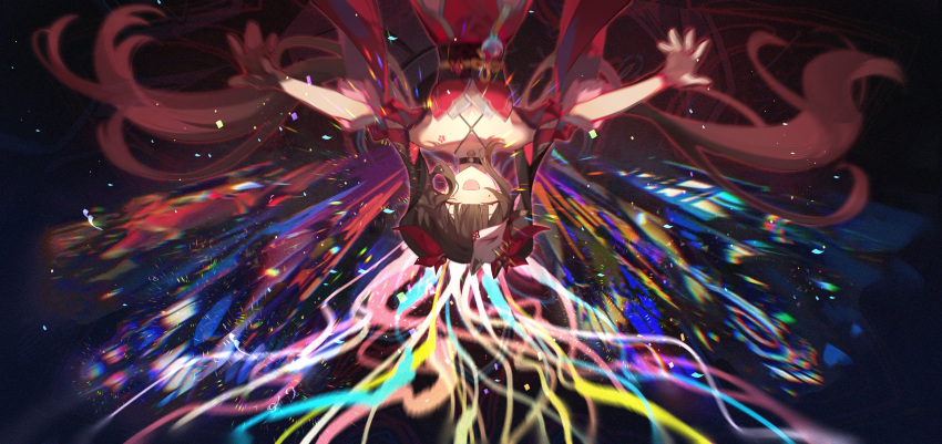 1girl :d absurdres bell black_choker black_gloves bow brown_hair chinese_commentary choker closed_eyes commentary_request confetti cowboy_shot criss-cross_halter detached_sleeves dress facing_viewer falling floating_hair fox_mask gloves hair_bow halterneck highres honkai:_star_rail honkai_(series) long_hair mask mask_on_head mojieovo neck_bell o-ring obi open_hands open_mouth outstretched_arms red_bow red_dress red_sleeves sash short_sleeves sidelocks single_glove sleeveless sleeveless_dress smile solo sparkle_(honkai:_star_rail) twintails upside-down very_long_hair