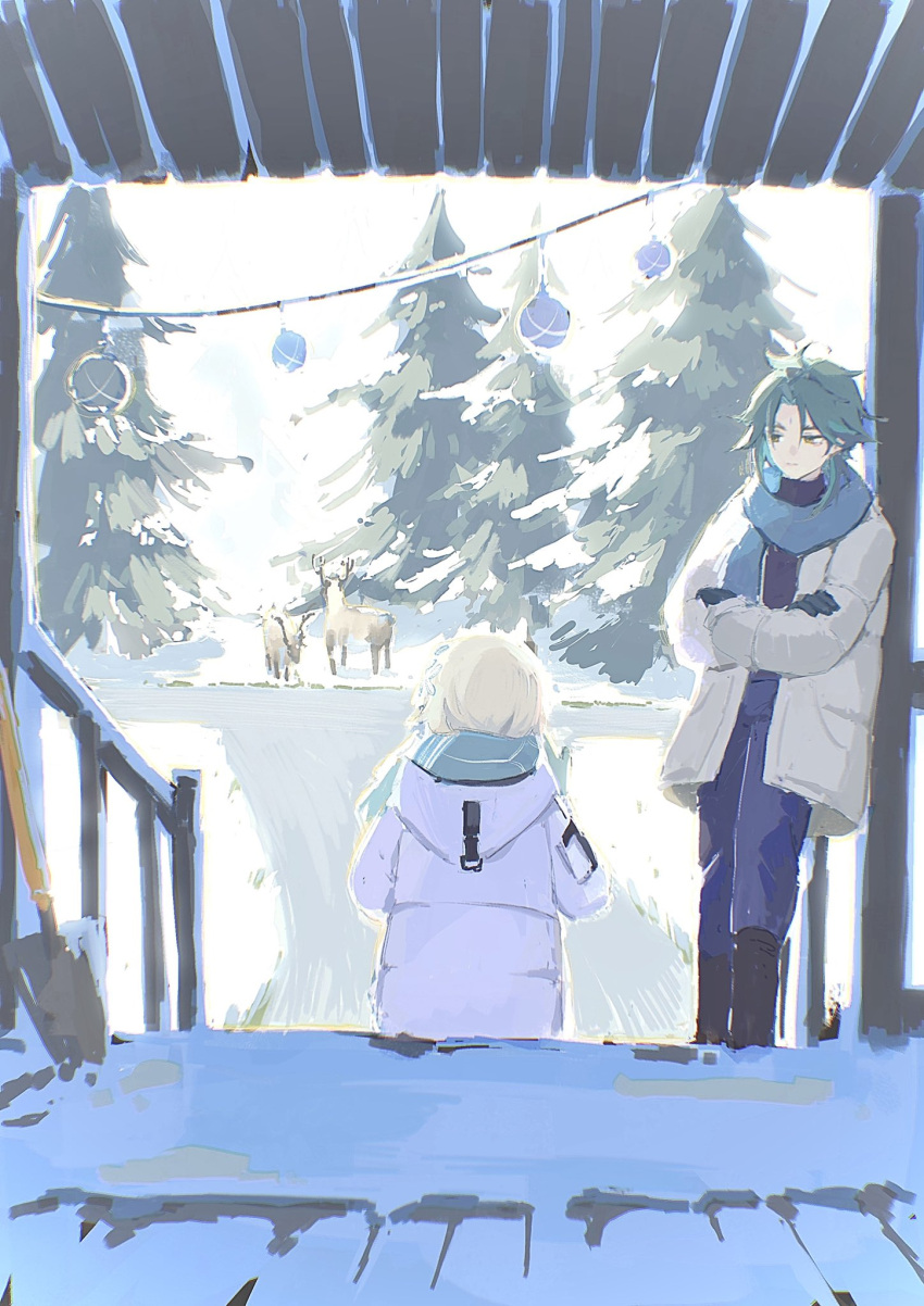 1boy 1girl aqua_scarf black_footwear black_gloves blonde_hair blue_pants blue_scarf coat couple crossed_arms genshin_impact gloves green_hair hetero highres hood hood_down hooded_jacket jacket lumine_(genshin_impact) moose n.s.egg nature outdoors pants porch scarf short_hair shovel sitting sitting_on_stairs snow stairs standing tree white_jacket winter winter_clothes winter_coat wooden_porch xiao_(genshin_impact)