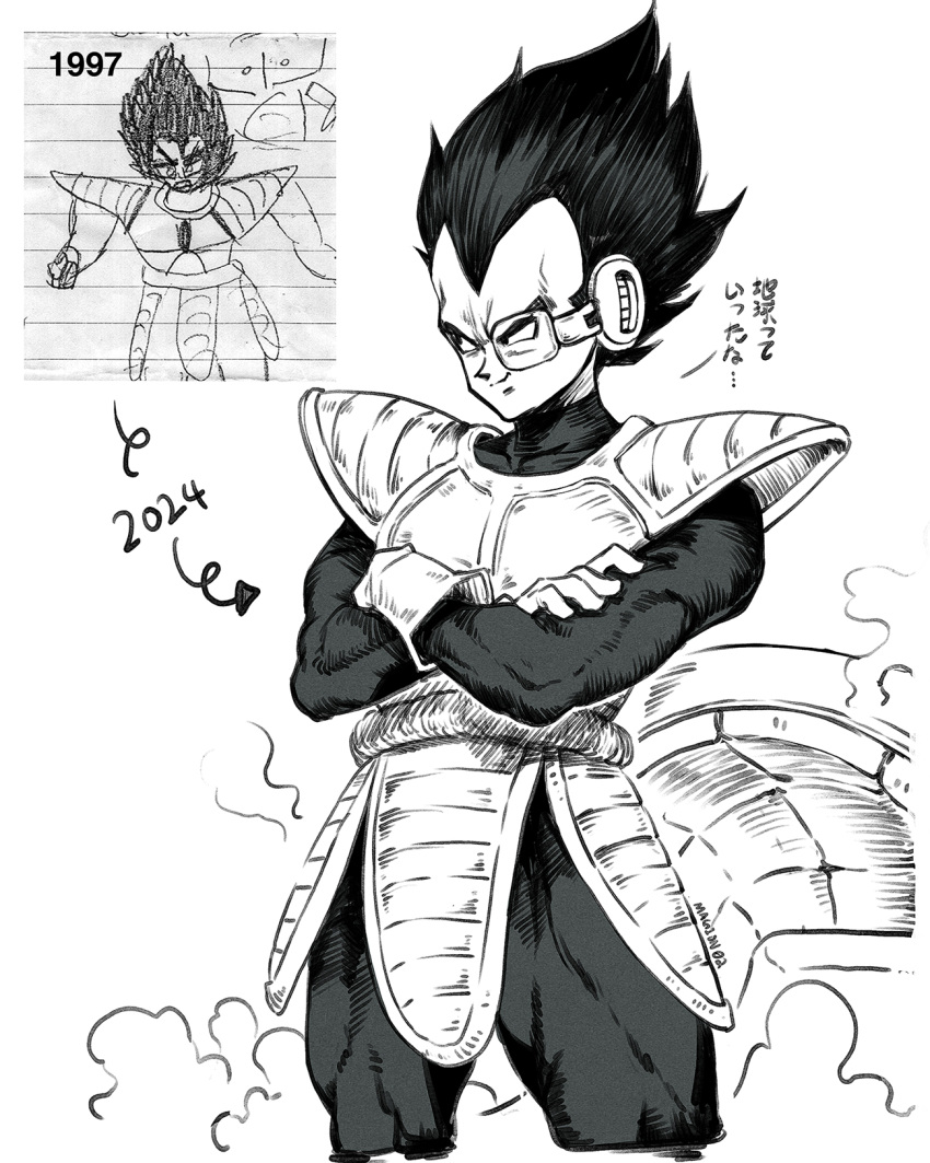 1boy artist_progress black_hair commentary crossed_arms dated dragon_ball gloves highres magion02 monochrome saiyan_armor scouter signature simple_background smile solo spiky_hair super_saiyan vegeta white_background white_gloves