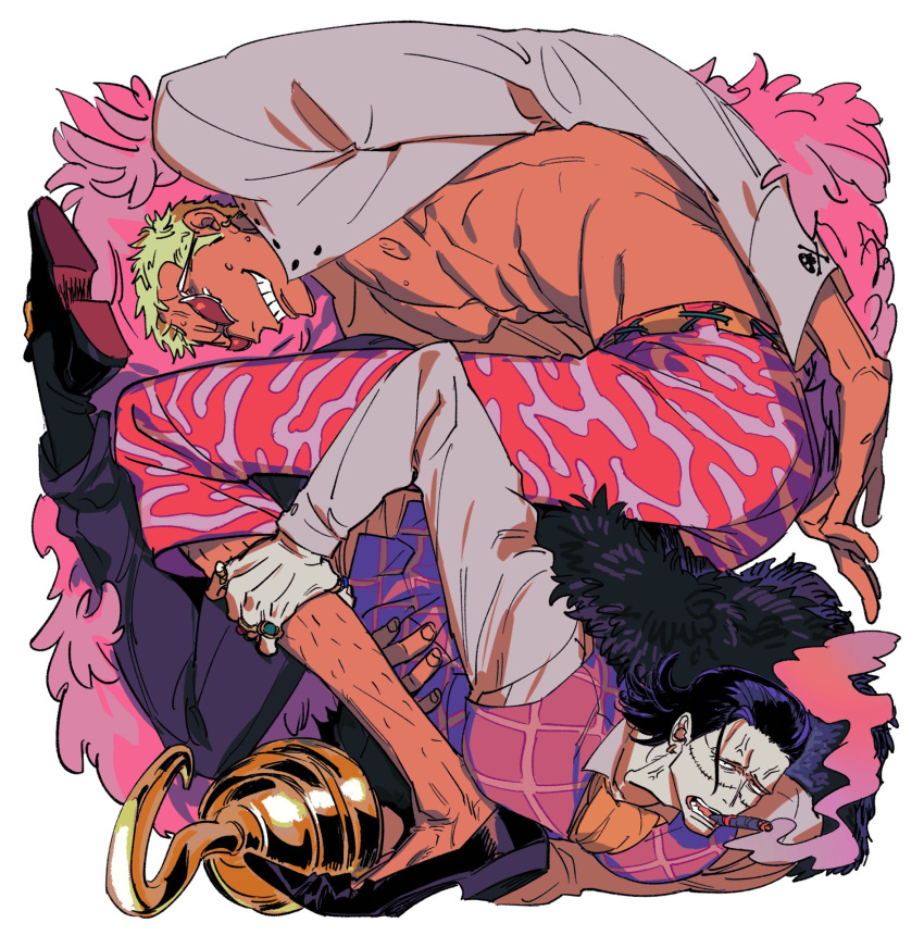 2boys anger_vein ascot bbly_ff black_coat black_hair blonde_hair cigar coat crocodile_(one_piece) donquixote_doflamingo feather_coat fur_coat grin hair_rings hand_on_another's_leg highres hook_hand leg_hair looking_at_another male_focus multiple_boys muscular muscular_male one_piece open_clothes orange_ascot pink_coat red_vest scar scar_on_face shirt short_hair skull_and_crossbones smile smoke sunglasses teeth vest white_shirt