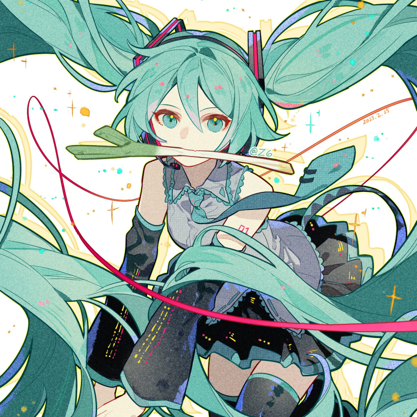 1girl aqua_eyes aqua_hair aqua_necktie bare_shoulders black_skirt black_sleeves black_thighhighs cable collared_shirt colored_shadow commentary cowboy_shot dated eyelashes floating_hair floating_neckwear food grey_shirt hair_ornament hashtag_only_commentary hatsune_miku highres holding holding_food lace-trimmed_collar lace-trimmed_shirt lace_trim leaning_forward long_hair long_sleeves looking_at_viewer miniskirt mouth_hold necktie number_tattoo pleated_skirt shadow shirt shoulder_tattoo skirt solo sparkle spring_onion tattoo thigh-highs tie_clip twintails twitter_username very_long_hair vocaloid white_background z6