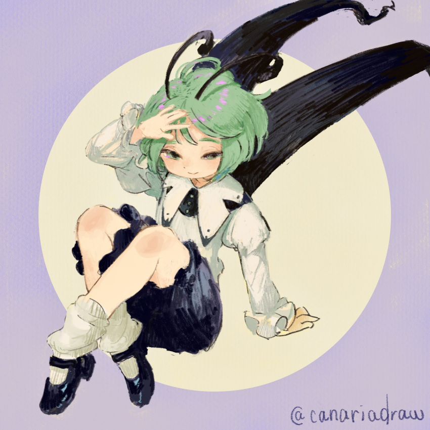1girl antennae arm_support black_cape black_shorts buttons canariadraw cape closed_mouth green_eyes green_hair highres juliet_sleeves long_sleeves mary_janes puffy_sleeves shirt shoes short_hair shorts smile socks solo touhou twitter_username white_shirt white_socks wriggle_nightbug