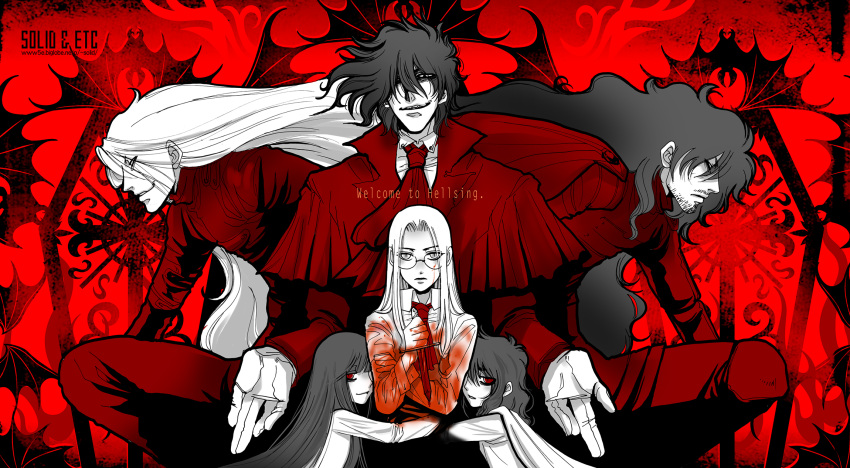 2girls 4boys aged_down alucard_(hellsing) artist_name ascot blood blood_on_clothes blood_on_face blood_on_weapon blunt_bangs capelet expressionless facial_hair girlycard glasses gloves goatee hellsing highres holding holding_knife hug integra_hellsing knife limited_palette long_bangs long_hair medium_hair multiple_boys multiple_girls multiple_persona red_ascot red_capelet red_theme reverse_grip smile toshimichi_yukari vlad_tepes_(hellsing) weapon web_address