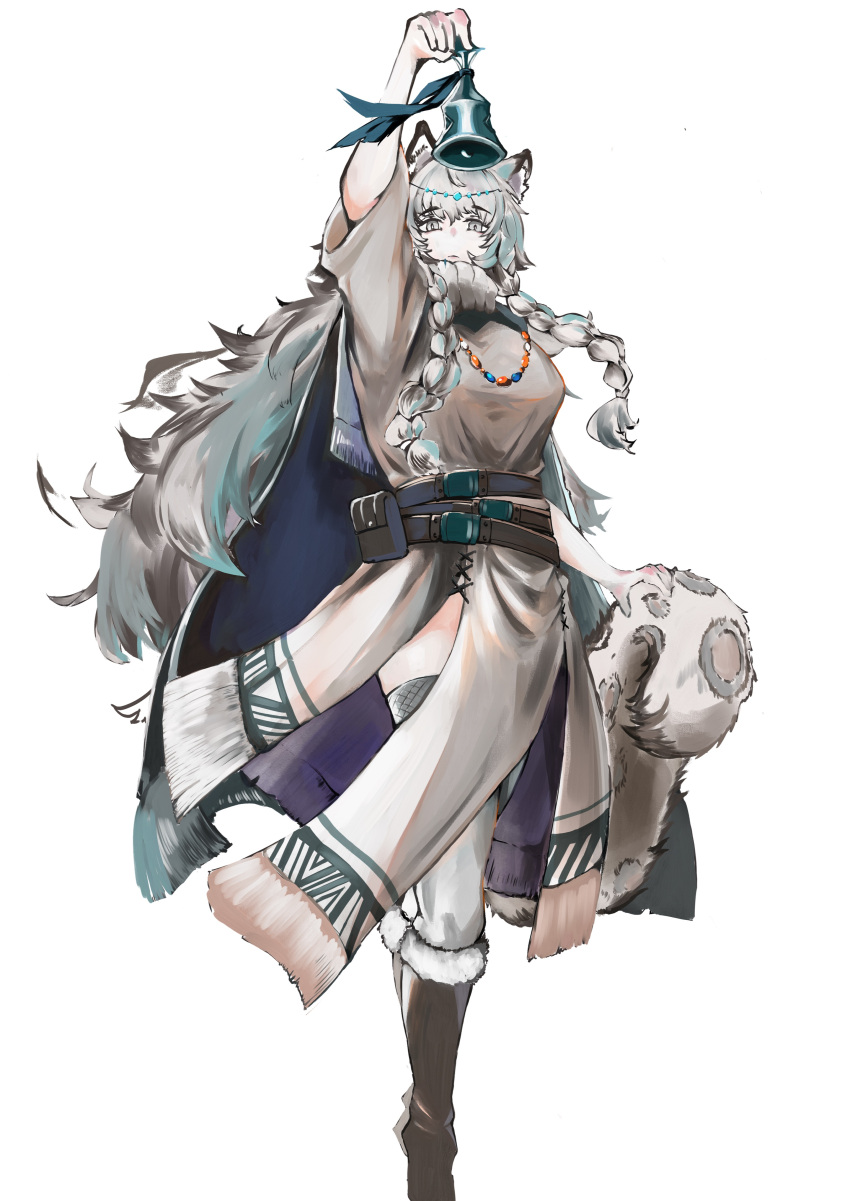 1girl absurdres animal_ear_fluff animal_ears arknights arm_up bell belt belt_pouch bikini boots braid brown_footwear cape closed_mouth expressionless full_body fur-trimmed_bikini fur_trim grey_eyes grey_hair grey_thighhighs handbell head_chain highres holding holding_bell karaage-senpai long_hair looking_at_viewer outstretched_arm pouch pramanix_(arknights) short_sleeves simple_background snow_leopard_ears snow_leopard_girl snow_leopard_tail solo spotted_tail standing swimsuit tail thigh-highs tibetan_clothes twin_braids very_long_hair white_background zettai_ryouiki