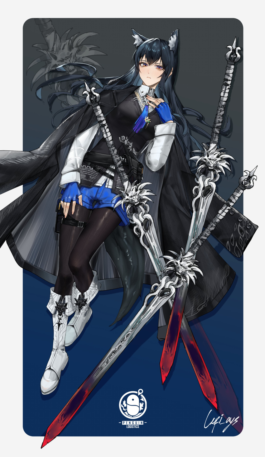 1girl absurdres animal_ear_fluff animal_ear_piercing animal_ears arknights artist_name belt belt_pouch black_belt black_coat black_hair black_pantyhose black_tail black_vest blood blood_on_weapon blue_background blue_eyes blue_gloves blue_necktie blue_shorts boots border breasts buckle buttons closed_mouth coat coat_on_shoulders collared_shirt commentary dress_shirt drop_shadow expressionless extra_ears fingerless_gloves fingernails fold-over_boots from_above full_body gloves gradient_background grey_background hair_between_eyes hair_spread_out hand_on_own_chest hand_on_own_thigh hand_up high_collar highres invisible_floor knees lapels legs long_hair long_sleeves looking_at_viewer lufi_ays lying medium_breasts multiple_belts multiple_weapons necktie notched_lapels official_alternate_costume on_back open_clothes open_coat orange_eyes outside_border pantyhose penguin_logistics_logo pouch projected_inset shadow shirt short_shorts shorts sidelocks signature snap-fit_buckle solo straight_hair sword symbol-only_commentary tail texas_(arknights) texas_the_omertosa_(arknights) thigh_pouch thigh_strap thighs torn_clothes torn_necktie two-tone_background two-tone_eyes untucked_shirt vest weapon white_border white_footwear white_shirt wide_sleeves wing_collar wolf_ears wolf_girl wolf_tail