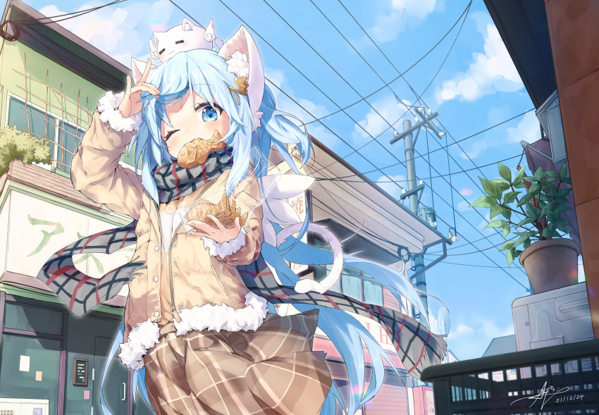 1girl :3 absurdres adjusting_hair animal_ear_fluff animal_ears animal_on_head ap04astral blue_eyes blue_hair blue_sky box brown_jacket brown_skirt cat cat_ears cat_girl cat_tail dated fang food food_in_mouth fur-trimmed_jacket fur_trim hair_ornament hairclip highres holding holding_box jacket long_hair mint_(uchi_no_pet_jijou) mouth_hold on_head one_eye_closed outdoors plaid plaid_scarf plaid_skirt power_lines scarf signature skin_fang skirt sky solo star_(symbol) star_in_eye symbol_in_eye tail taiyaki tray uchi_no_pet_jijou very_long_hair wagashi white_cat white_tail white_wings wings