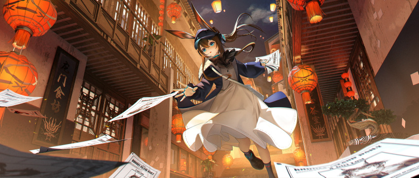 1girl absurdres amiya_(arknights) amiya_(newsgirl)_(arknights) animal_ears architecture arknights ascot baseball_cap black_ascot black_footwear black_headwear black_socks blue_coat blue_eyes brown_hair building ch'en_(arknights) clouds coat commentary_request dress ears_through_headwear east_asian_architecture hat headphones highres holding holding_newspaper implied_extra_ears infection_monitor_(arknights) jewelry lantern long_hair long_sleeves missing_poster multiple_rings newspaper night night_sky official_alternate_costume open_clothes open_coat open_mouth outdoors paper_lantern ponytail rabbit_ears rabbit_girl reanalysis rhodes_island_logo_(arknights) ring sky socks solo thumb_ring tree white_bag white_dress wide_shot