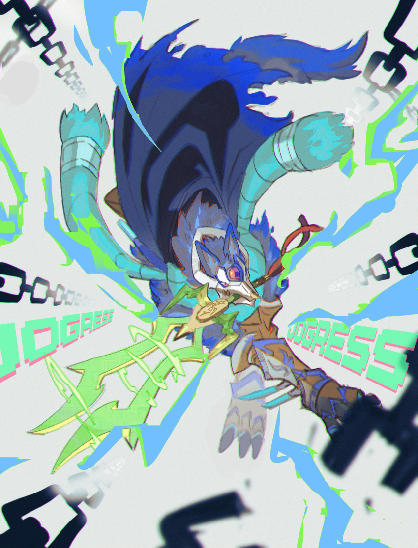 765_nanami absurdres black_coat broken broken_chain chain claws coat digimon digimon_seekers electricity fenriloogamon fenriloogamon:_takemikazuchi forehead_jewel highres holding holding_sword holding_weapon mouth_hold sharp_teeth sword teeth weapon white_background wolf