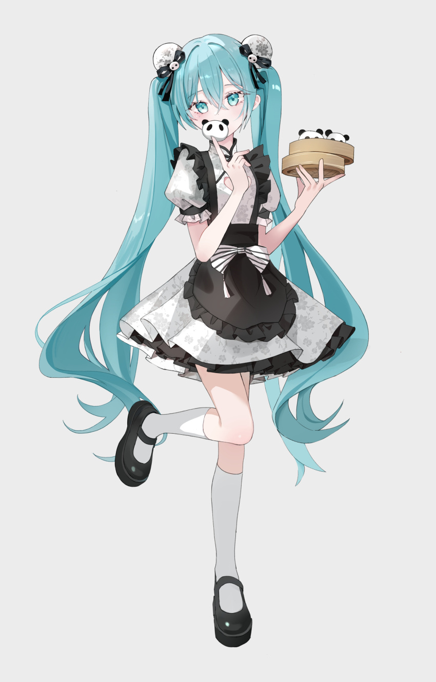 1girl absurdres apron bamboo_steamer black_apron black_footwear black_ribbon blue_eyes blue_hair bow bun_cover commentary_request double_bun dress frilled_apron frills full_body grey_background hair_between_eyes hair_bun hair_ribbon hands_up hatsune_miku highres holding iren_lovel kneehighs long_hair pleated_dress puffy_short_sleeves puffy_sleeves ribbon shoes short_sleeves simple_background socks solo standing standing_on_one_leg striped_bow twintails very_long_hair vocaloid white_dress white_socks