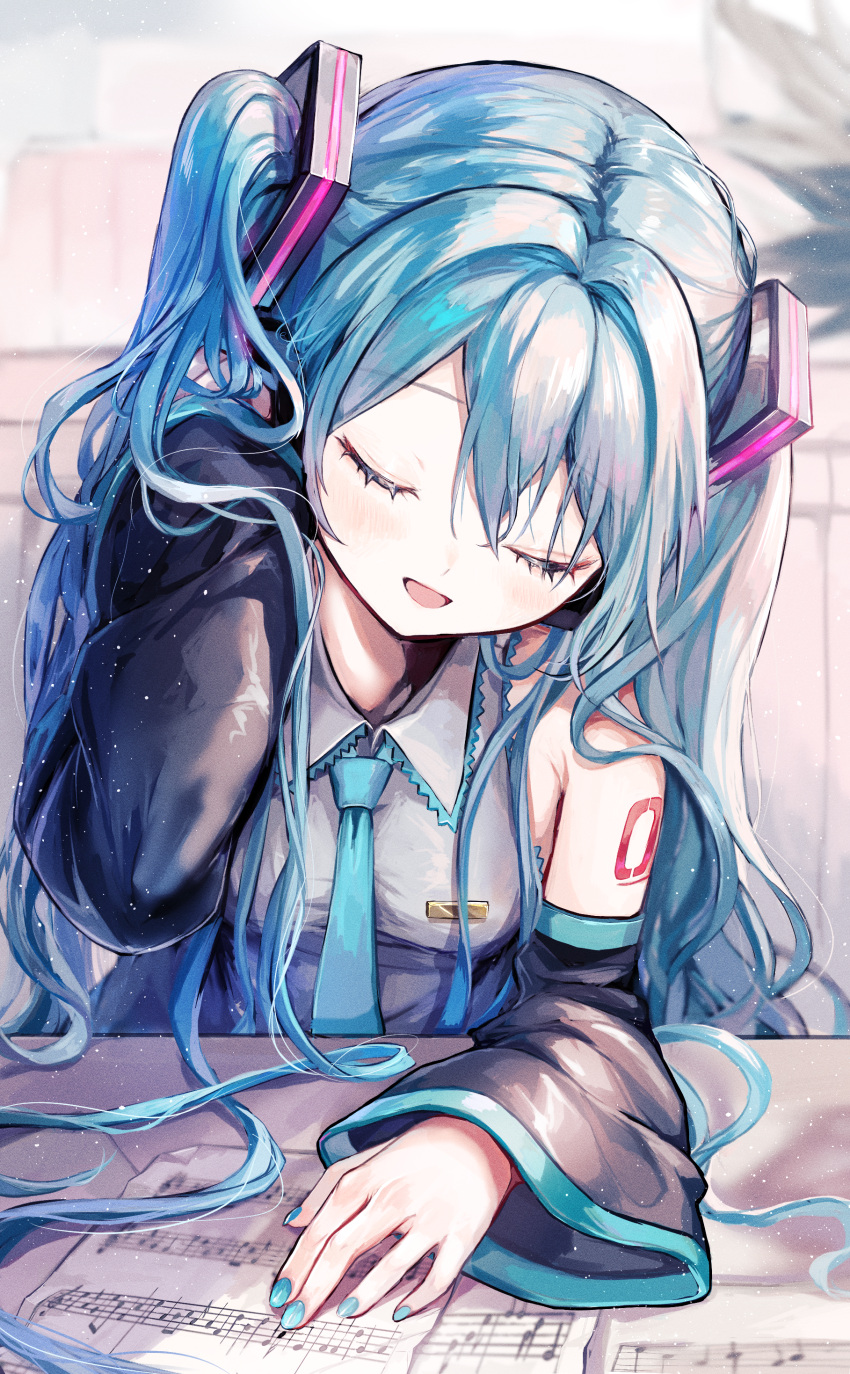 1girl :d absurdres aqua_hair aqua_nails aqua_necktie arm_tattoo arm_up black_sleeves breasts closed_eyes collared_shirt detached_sleeves grey_shirt hair_intakes hair_ornament hand_up hatsune_miku head_tilt highres long_hair miku_day necktie number_tattoo open_mouth pipi plant sheet_music shirt sleeveless sleeveless_shirt smile solo table tattoo twintails upper_body very_long_hair vocaloid