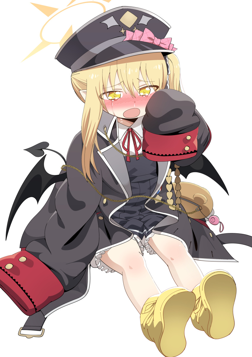 1girl absurdres bag black_coat black_dress black_headwear black_tail black_wings blonde_hair blue_archive blush boots chan_seong coat collared_shirt crime_prevention_buzzer crying crying_with_eyes_open demon_tail demon_wings dress full_body hair_between_eyes halo hat highres ibuki_(blue_archive) long_hair neck_ribbon open_clothes open_coat open_mouth peaked_cap pointy_ears red_ribbon ribbon shirt simple_background sleeves_past_fingers sleeves_past_wrists solo tail tears white_background white_shirt wings yellow_eyes yellow_footwear yellow_halo