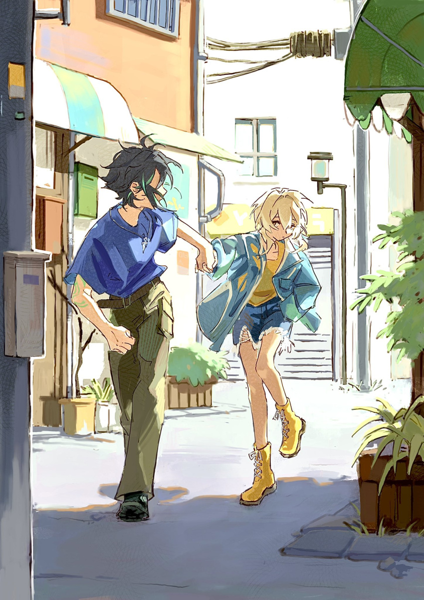 1boy 1girl alternate_costume arm_tattoo bare_legs belt black_hair blonde_hair blue_jacket blue_shirt boots brown_belt building city contemporary couple denim denim_shorts eye_contact genshin_impact green_hair green_pants hetero highres jacket jewelry looking_at_another looking_back lumine_(genshin_impact) multicolored_hair n.s.egg necklace open_clothes open_jacket outdoors pants plant planter shirt shorts solo t-shirt tattoo torn_clothes torn_shorts xiao_(genshin_impact) yellow_footwear yellow_shirt