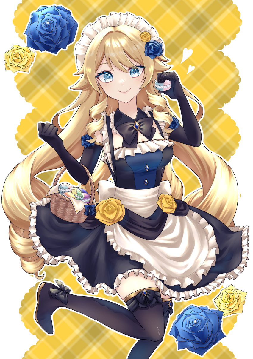 1girl absurdres alternate_costume apron back_bow basket black_bow black_bowtie black_dress black_footwear black_gloves blonde_hair blue_flower blue_rose boots bow bowtie brooch cookie dress drill_hair drill_sidelocks elbow_gloves floating_clothes flower food footwear_bow frilled_apron frilled_dress frills genshin_impact gloves gold_trim hair_between_eyes hair_flaps hair_flower hair_ornament hands_up heart highres holding holding_basket holding_food jewelry long_hair looking_at_viewer maid maid_apron navia_(genshin_impact) outline patterned_background rose sandwich_cookie sidelocks simple_background sleeveless sleeveless_dress smile standing standing_on_one_leg thigh_boots tsuchinoko_(vjde8458) very_long_hair white_bow white_outline yellow_background yellow_flower yellow_rose