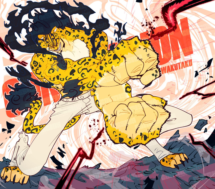 1boy alternate_form artist_name black_fire black_hair claws clenched_hands english_text facial_hair fighting_stance fire goatee grin highres leopard_boy long_hair male_focus one_piece pants red_eyes rob_lucci rubble sharp_teeth smile taku_(aywakutakuay) teeth white_pants