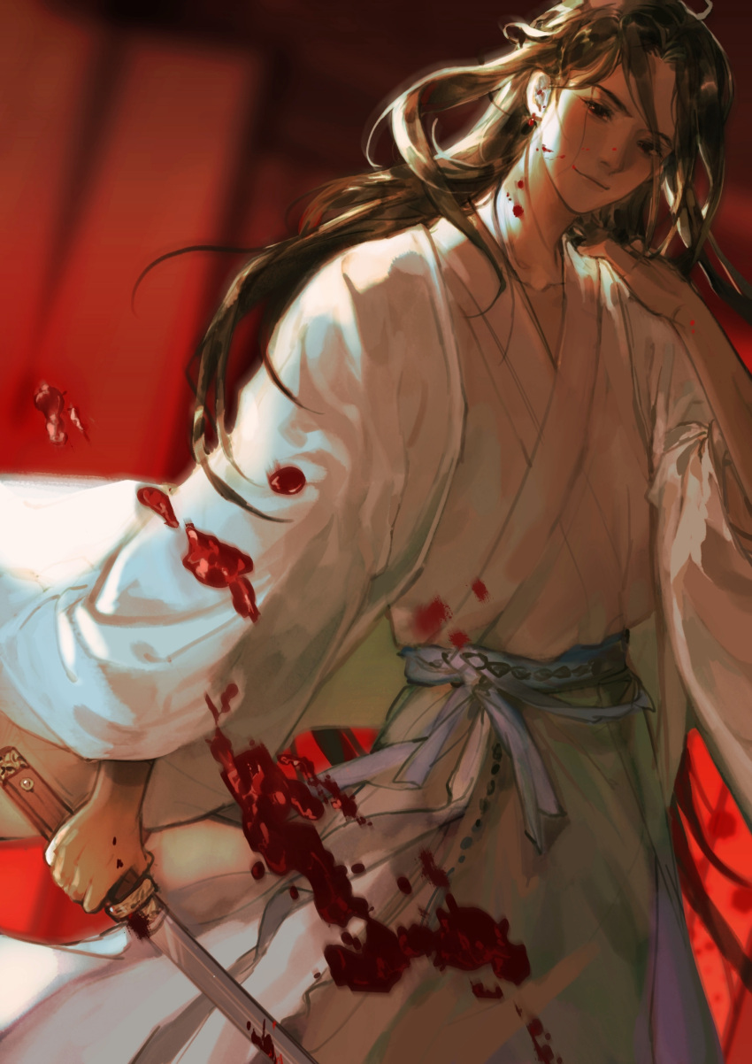 1boy absurdres blood blood_on_clothes blood_on_face blood_on_weapon blurry blurry_background brown_eyes brown_hair chinese_clothes chinese_commentary depth_of_field hand_on_own_shoulder hanfu highres holding holding_sword holding_weapon huixian97 long_hair long_sleeves looking_at_viewer male_focus qiang_jin_jiu shen_lanzhou smile solo standing sword tassel weapon white_hanfu wide_sleeves