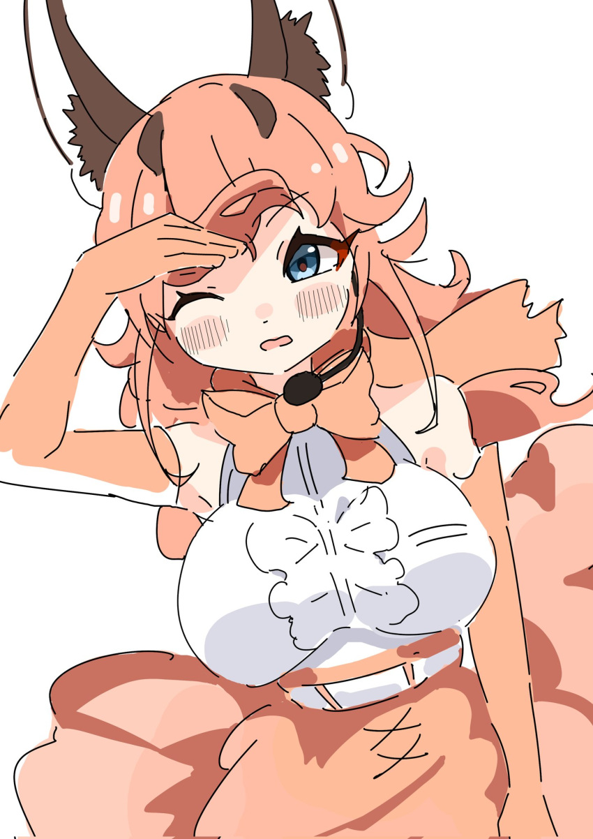 1girl animal_ears belt blue_eyes bow bowtie caracal_(kemono_friends) cat_ears cat_girl elbow_gloves extra_ears gloves hawawam31677 highres kemono_friends kemono_friends_v_project long_hair looking_at_viewer microphone one_eye_closed orange_hair shirt simple_background skirt sleeveless sleeveless_shirt solo upper_body virtual_youtuber