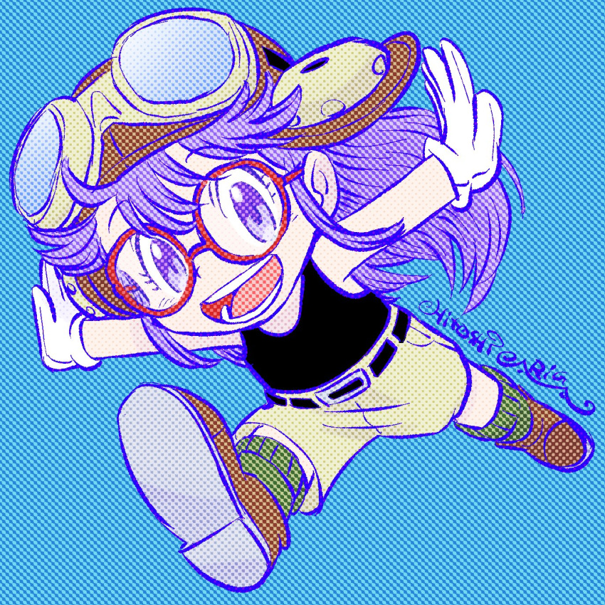 1girl ariga_hitoshi belt blue_background commentary_request dr._slump eyelashes full_body gloves goggles goggles_on_head highres long_hair norimaki_arale open_mouth outstretched_arms purple_hair red-framed_eyewear simple_background smile solo teeth violet_eyes white_gloves