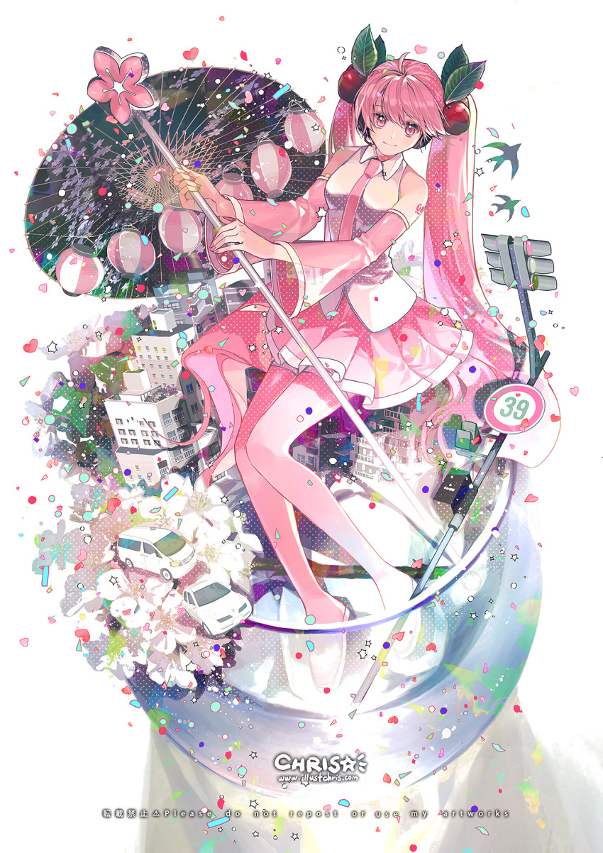 1girl artist_name bird boots building car cherry_blossoms cherry_hair_ornament chris4708 closed_mouth confetti cup english_text food-themed_hair_ornament full_body hair_ornament hatsune_miku headphones heart highres holding holding_staff ice ice_cube lantern looking_at_viewer miku_day miniskirt motor_vehicle number_tattoo oil-paper_umbrella pink_eyes pink_footwear pink_hair pink_skirt pleated_skirt road_sign sakura_miku shirt shoulder_tattoo sign simple_background sitting skirt sleeveless sleeveless_shirt smile solo staff star_(symbol) tattoo thigh_boots umbrella vocaloid web_address white_background white_shirt