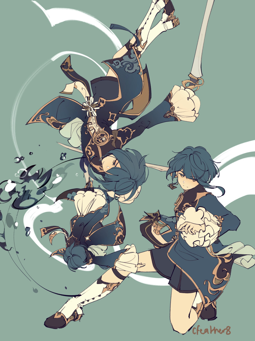 1boy absurdres black_shorts blue_hair blue_jacket boots cfeather8 fighting frilled_sleeves frills genshin_impact green_background highres holding holding_sword holding_weapon jacket jumping knee_boots male_focus multiple_views shorts simple_background solo sword upside-down weapon white_footwear xingqiu_(genshin_impact)