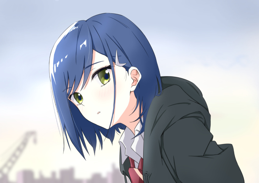 1girl black_hoodie blue_hair blurry blurry_background bob_cut cityscape close-up clouds cloudy_sky commentary crane_(machine) darling_in_the_franxx depth_of_field diagonal-striped_clothes diagonal-striped_necktie dress_shirt from_side green_eyes grey_sky hair_ornament hairclip hanaharupapa hood hood_down hoodie ichigo_(darling_in_the_franxx) light_blush long_sleeves looking_at_viewer looking_to_the_side loose_hair_strand necktie outdoors parted_lips portrait red_necktie scene_reference school_uniform shirt short_hair sky skyline solo striped_clothes swept_bangs two-tone_necktie white_shirt yellow_necktie