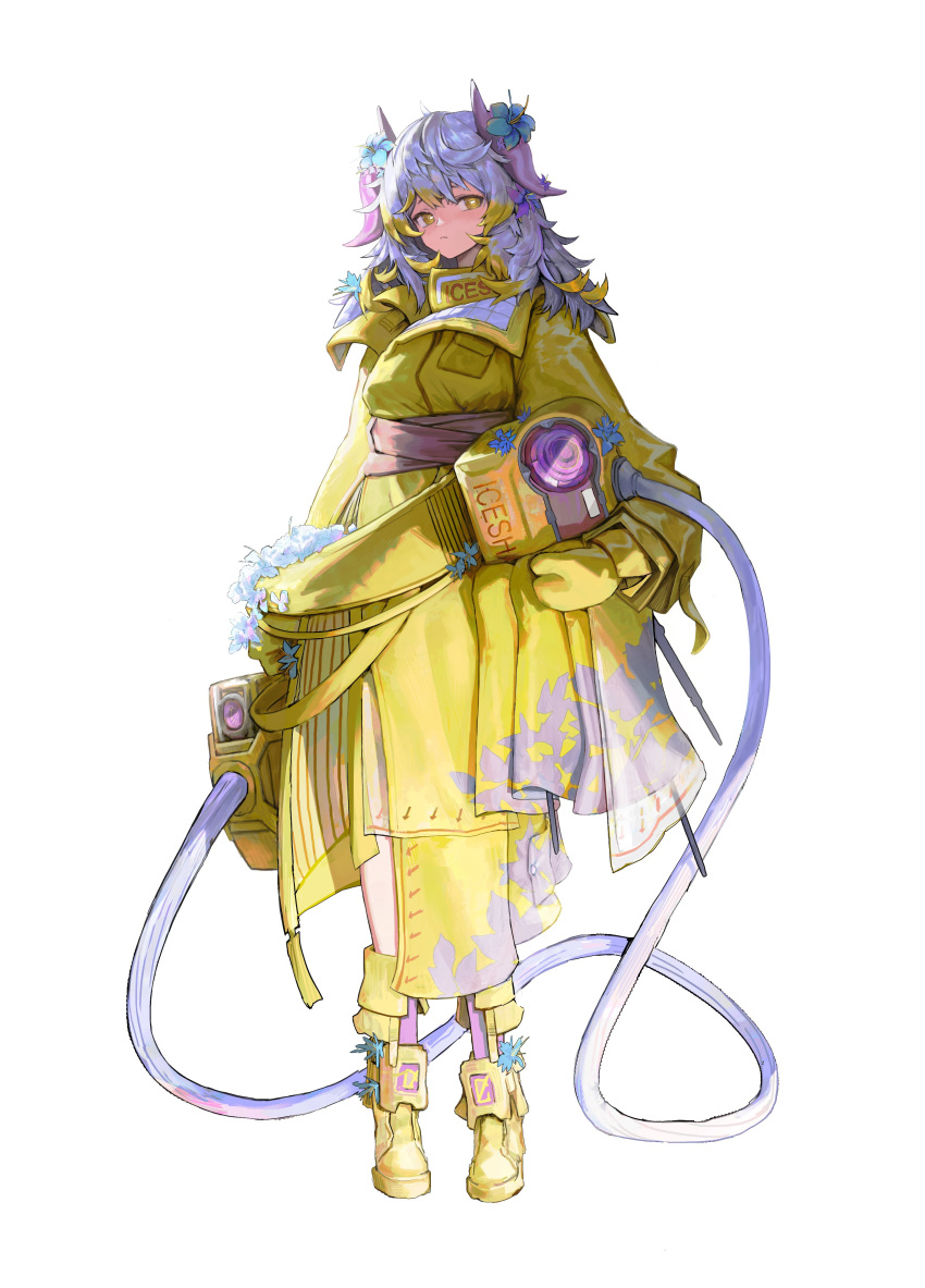 1girl absurdres blue_flower blue_hair boots breasts closed_mouth coat dress flower full_body gloves hair_flower hair_ornament highres holding horns long_hair long_sleeves looking_at_viewer mokagu original purple_hair simple_background small_breasts solo standing tachi-e tube white_background yellow_coat yellow_dress yellow_eyes yellow_footwear yellow_gloves
