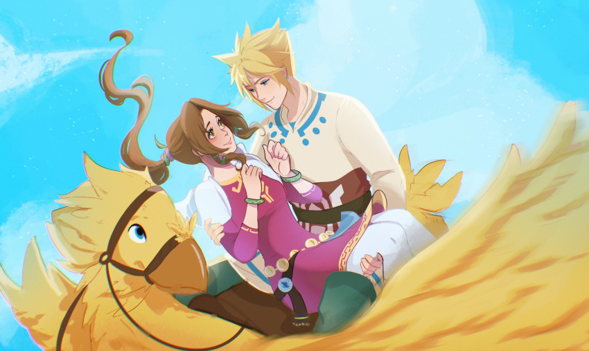 1boy 1girl aerith_gainsborough bangle bird blonde_hair blue_eyes blue_sky blush bracelet breasts brown_hair carrying chocobo cloud_strife commission cosplay couple dress earrings final_fantasy final_fantasy_vii gold_trim green_eyes green_pants hair_between_eyes hair_ribbon hetero highres jewelry leggings link link_(cosplay) long_hair long_sleeves looking_at_another medium_breasts outdoors pants parted_bangs pink_dress ponytail princess_carry princess_zelda princess_zelda_(cosplay) reins ribbon riding riding_bird shawl shirt short_hair sidelocks sky smile spiky_hair the_legend_of_zelda the_legend_of_zelda:_skyward_sword vanekairi white_leggings white_shawl white_shirt