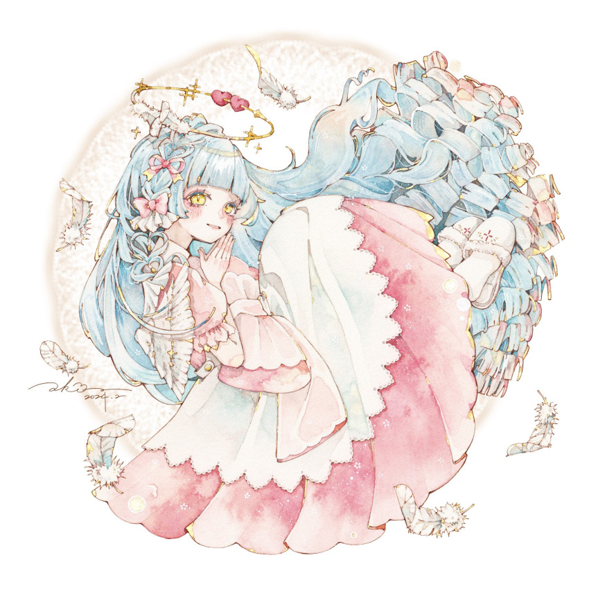 1girl angel angel_wings apron blue_hair blunt_bangs blush bow braid curly_hair dress falling_feathers feathered_wings feathers frills full_body hair_bow halo heart highres jinbeeezame long_hair looking_at_viewer multiple_hair_bows original own_hands_together painting_(medium) parted_lips pink_bow pink_dress puffy_short_sleeves puffy_sleeves round_image short_sleeves signature slippers smile solo traditional_media very_long_hair watercolor_(medium) white_background white_footwear white_wings wings yellow_eyes
