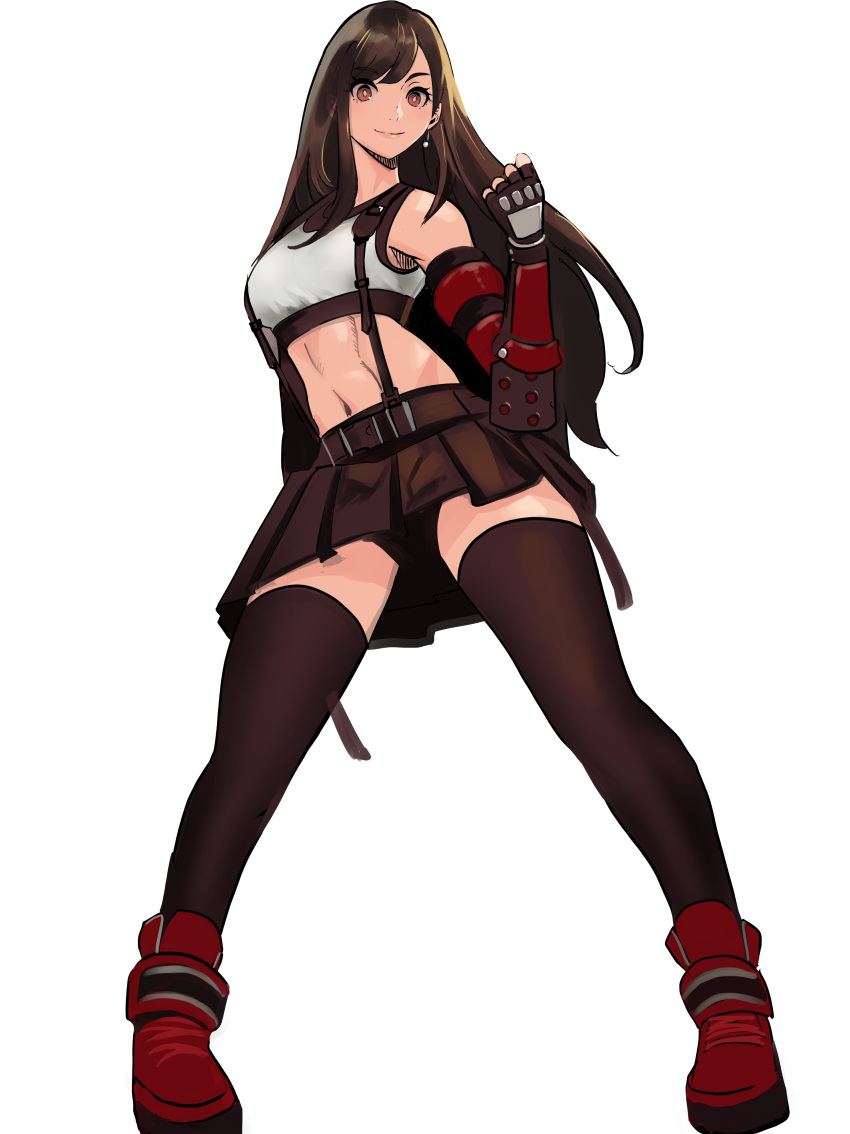 absurdres black_hair black_skirt clenched_hand final_fantasy final_fantasy_vii gloves highres long_hair looking_at_viewer meke_(77842928) shoes skirt smile sneakers suspender_skirt suspenders tank_top thigh-highs tifa_lockhart toned white_background