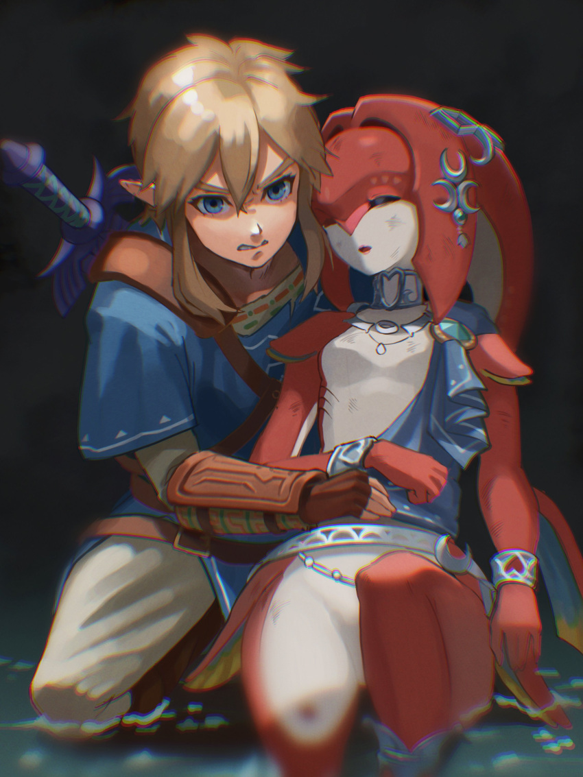 1boy 1girl absurdres bangle bracelet champion's_tunic_(zelda) collar english_commentary english_text fish_girl highres jewelry link master_sword mipha monster_girl saburou_(jako) sword sword_on_back the_legend_of_zelda the_legend_of_zelda:_breath_of_the_wild translated unconscious water weapon weapon_on_back wrist_cuffs zora