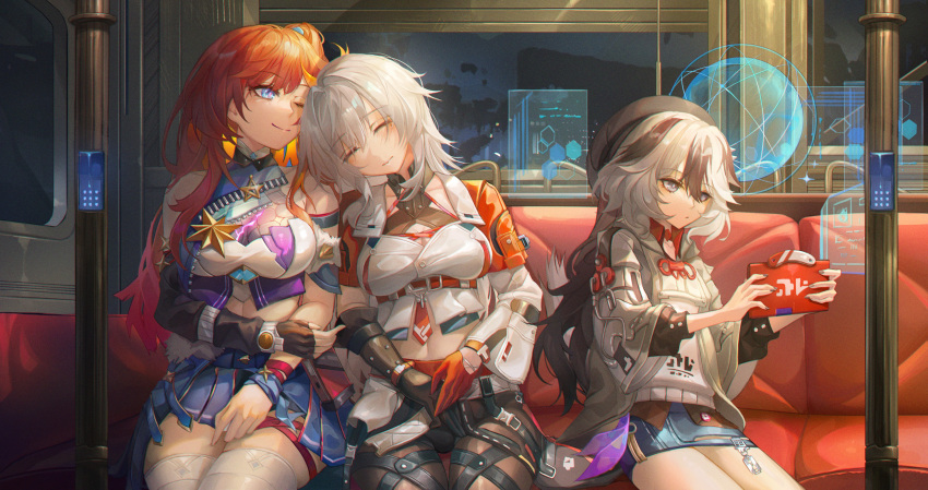 3girls absurdres bare_shoulders blue_eyes coralie_(honkai_impact) crop_top detached_sleeves fingerless_gloves gloves grey_eyes grey_hair head_on_another's_shoulder helia_(honkai_impact) highres holding holding_tablet_pc holographic_interface honkai_(series) honkai_impact_3rd looking_at_another looking_at_object multicolored_hair multiple_girls one_eye_closed redhead second-party_source senadina_(honkai_impact) sitting smile tablet_pc thigh_strap turbulence two-tone_hair