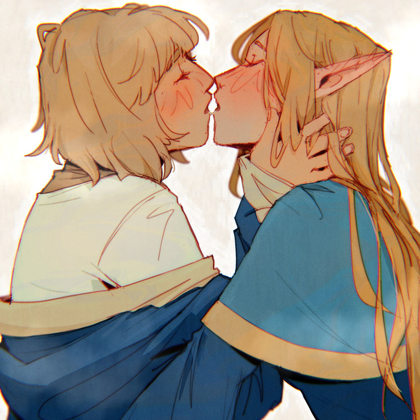 2girls after_kiss blonde_hair blue_robe blush closed_eyes commentary_request diezmil10000 dungeon_meshi ear_blush elf falin_thorden falin_thorden_(tallman) hands_on_another's_neck highres long_hair marcille_donato medium_hair multiple_girls noses_touching off_shoulder pointy_ears robe saliva saliva_trail shirt spanish_commentary upper_body white_background white_shirt yuri
