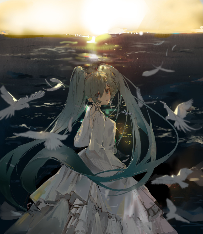 1girl absurdres aqua_eyes aqua_hair bird dongsen_xuntu dress earrings from_side hatsune_miku highres jewelry long_dress long_hair long_sleeves looking_to_the_side ocean open_mouth sky solo sparkle sunset twintails vocaloid white_bird white_dress
