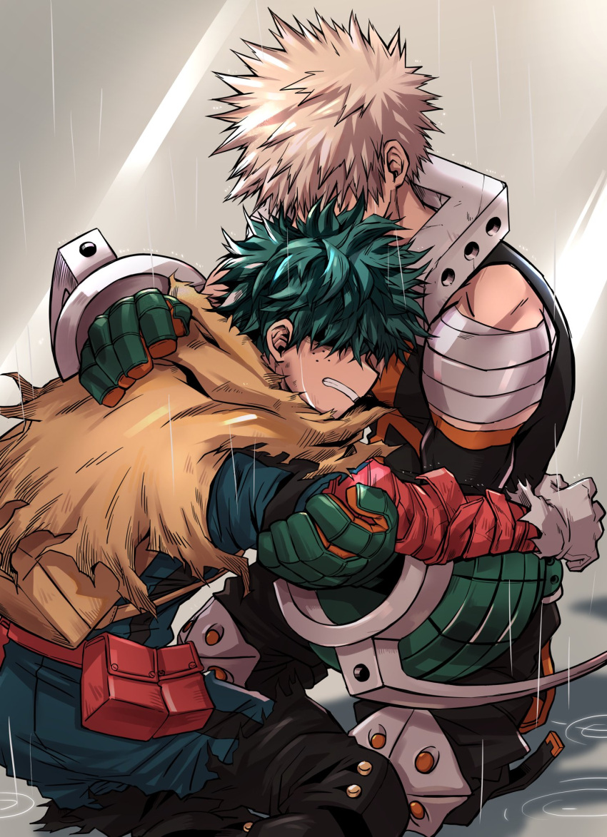 2boys aqua_bodysuit bakugou_katsuki bandaged_arm bandages belt belt_pouch black_footwear black_pants blonde_hair boku_no_hero_academia boots cape chiyaya clenched_teeth colored_shoe_soles covered_face detached_sleeves explosive feet_out_of_frame freckles from_side gloves green_gloves green_hair grenade grey_gloves hand_on_another's_arm hand_on_another's_back hands_up highres hug knee_boots knee_pads kneeling leaning_forward leaning_on_person male_focus messy_hair midoriya_izuku multiple_boys official_alternate_costume on_ground orange_gloves outstretched_arm pants pouch profile rain red_belt ripples shaded_face shadow short_hair sleeveless spiky_hair spoilers support tank_top teeth torn_cape torn_clothes torn_gloves torn_sleeve two-tone_gloves yellow_cape