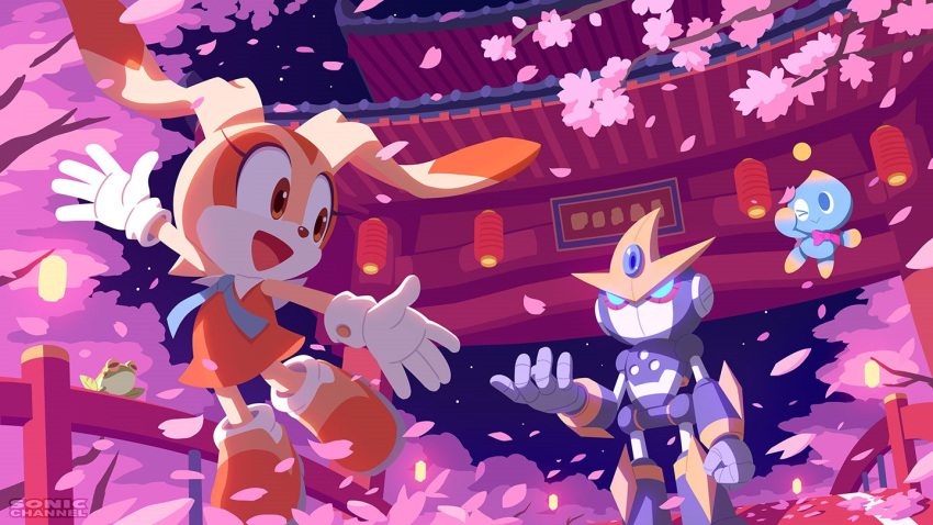 1girl animal_ears bow bowtie brown_eyes chao_(sonic) cheese_(sonic) cherry_blossoms commentary_request cream_the_rabbit falling_petals frog froggy_(sonic) furry furry_female gemerl gloves hanami lantern night night_sky petals rabbit_ears red_bow red_bowtie robot sky sonic_(series) sonic_advance_3 standing star_(sky) uno_yuuji white_gloves