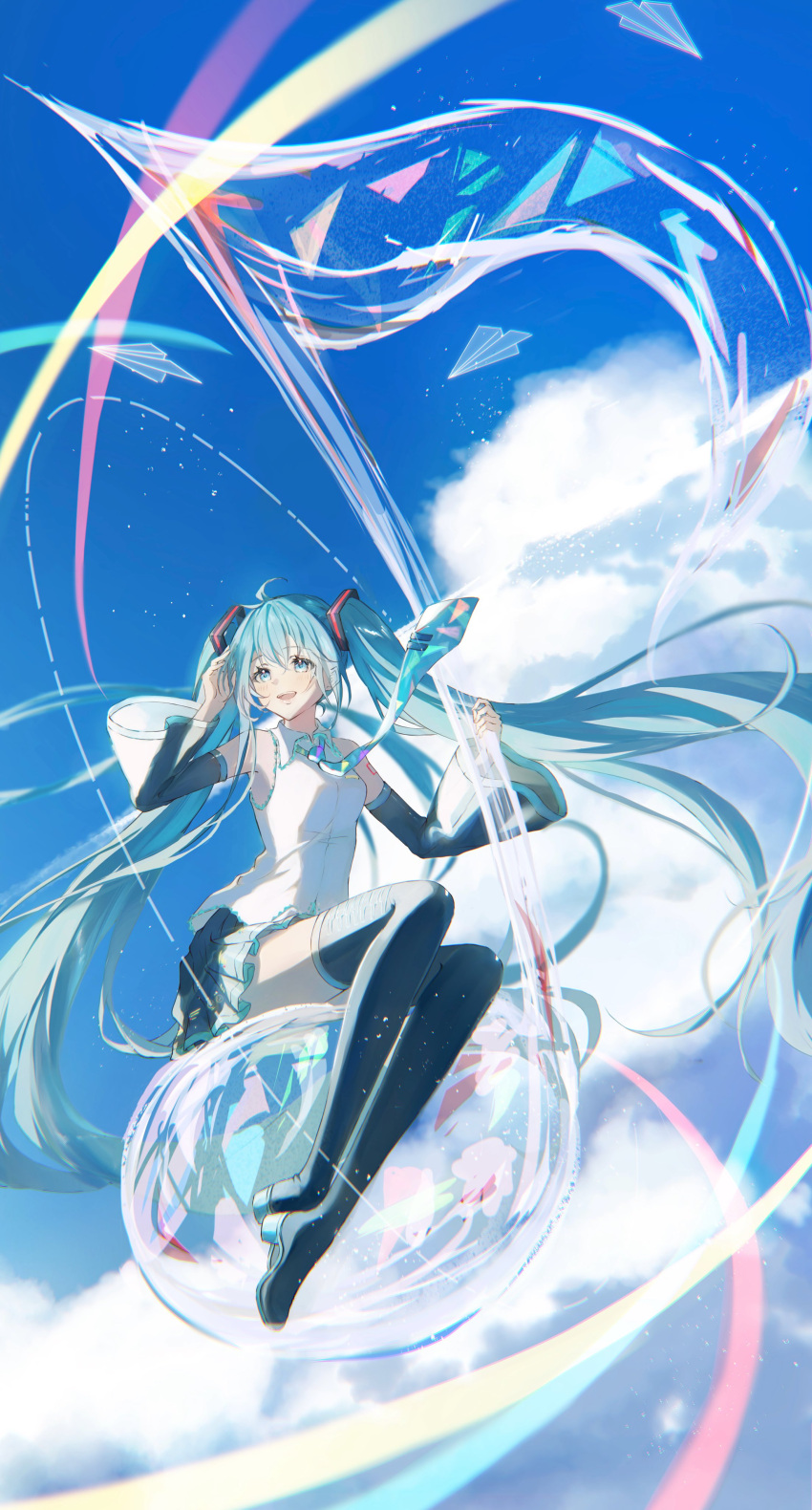 1girl :d absurdres aqua_eyes aqua_hair aqua_necktie black_footwear black_skirt black_sleeves blue_sky boots bubble clouds collared_shirt detached_sleeves full_body hair_between_eyes hair_ornament hand_in_own_hair hatsune_miku highres holding light_rays miku_day musical_note necktie number_tattoo open_mouth paper_airplane pleated_skirt potate quarter_note shirt shoulder_tattoo sitting skirt sky sleeveless sleeveless_shirt smile solo tattoo teeth thigh_boots tie_clip tongue twintails upper_teeth_only very_long_sleeves vocaloid white_shirt