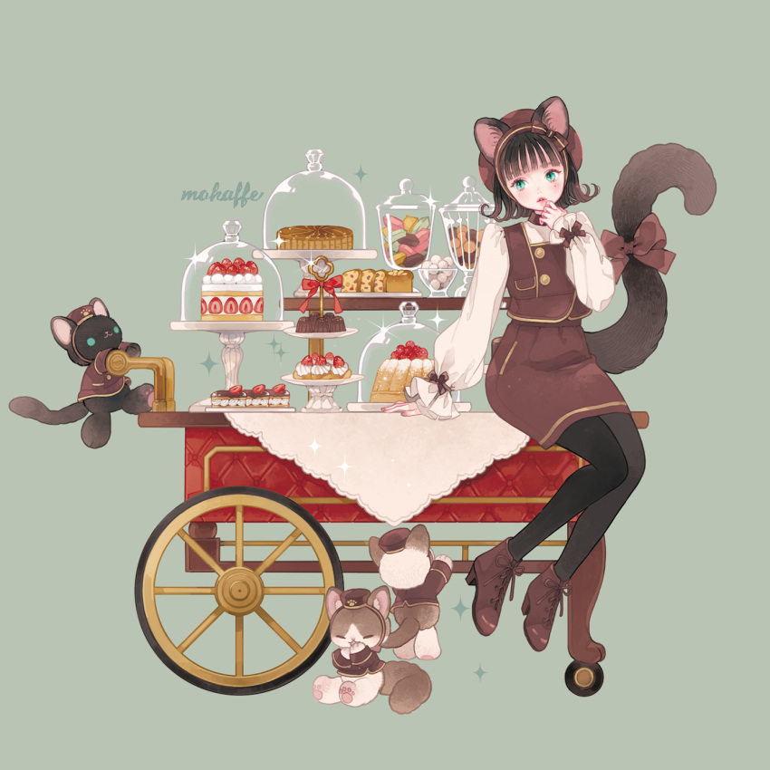 1girl animal_ears artist_name black_cat black_hair black_pantyhose boots bow brown_dress brown_footwear brown_hair cake cart cat cat_ears cat_tail cupcake curly_hair dress food fruit fruitcake full_body green_background green_eyes hand_up hat highres jar long_sleeves looking_at_viewer mokaffe original pantyhose parted_lips puffy_long_sleeves puffy_sleeves short_hair signature simple_background sitting skirt solo sparkle strawberry strawberry_shortcake sweets tail tail_ornament tail_raised tiered_tray vest wheel white_sleeves
