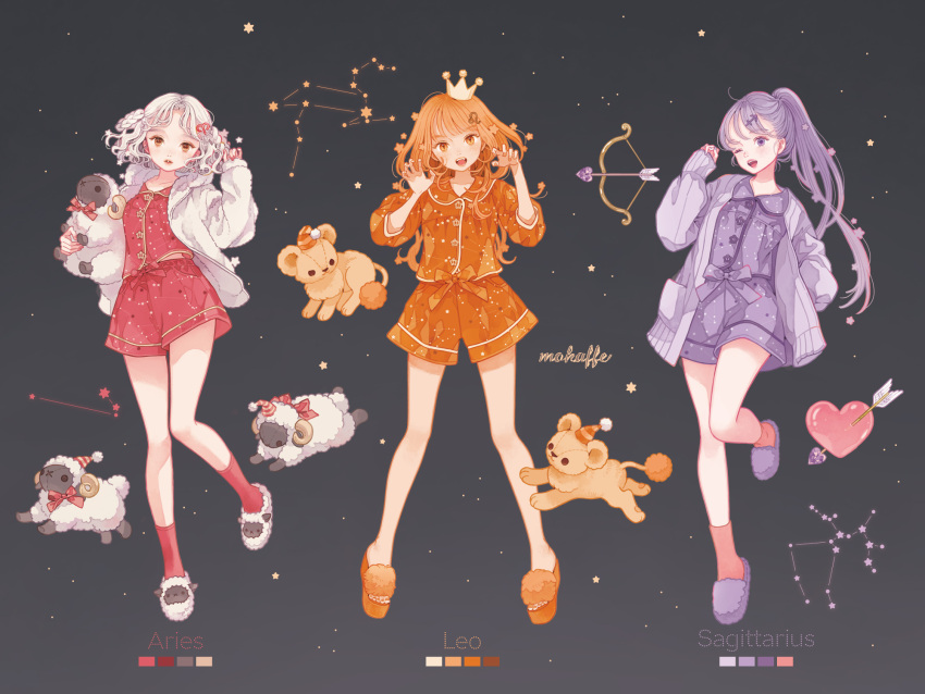 3girls :d animal_slippers aries_(constellation) aries_(zodiac) black_background bow braid brown_eyes brown_hair buttons claw_pose color_guide constellation english_text full_body hair_ornament heart highres hood jacket leo_(constellation) leo_(zodiac) long_hair long_sleeves looking_at_viewer mokaffe multiple_girls open_clothes open_jacket open_mouth orange_eyes orange_hair orange_shirt orange_shorts original pajamas polka_dot ponytail purple_footwear purple_hair purple_shirt purple_shorts purple_socks red_shirt red_socks sagittarius_(constellation) sagittarius_(zodiac) sheep shirt short_hair shorts sleeves_past_wrists slippers smile socks standing star_(symbol) stuffed_animal stuffed_toy violet_eyes white_hair white_jacket zodiac