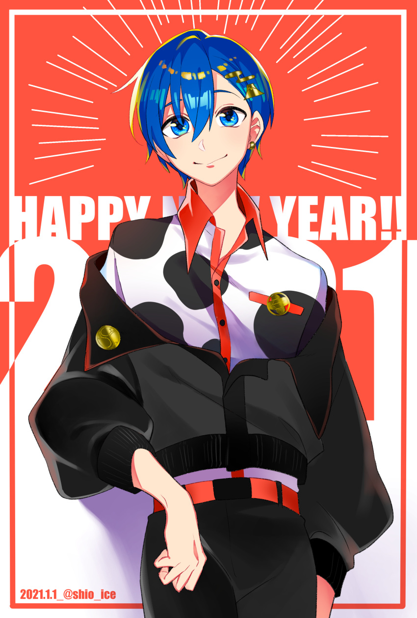 ! !! 1boy 2021 :&gt; absurdres animal_print belt black_jacket black_pants blue_eyes blue_hair collared_shirt commentary_request cow_print cropped_legs dated earrings gold_earrings hair_between_eyes hair_ornament hairpin happy_new_year highres jacket jewelry kaito_(vocaloid) looking_at_viewer male_focus mountain pants red_background red_belt shio_ice shirt short_hair single_earring smile twitter_username upper_body vocaloid