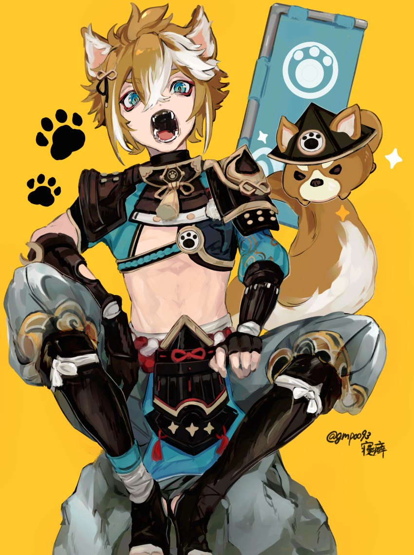 1boy absurdres animal_ears armor blue_eyes brown_hair dog dog_ears dog_tail fangs genshin_impact gmpoo93 gorou_(genshin_impact) highres looking_at_viewer male_focus midriff multicolored_hair on_rock open_mouth pauldrons paw_print rock shoulder_armor simple_background sitting sitting_on_rock solo tail white_hair yellow_background