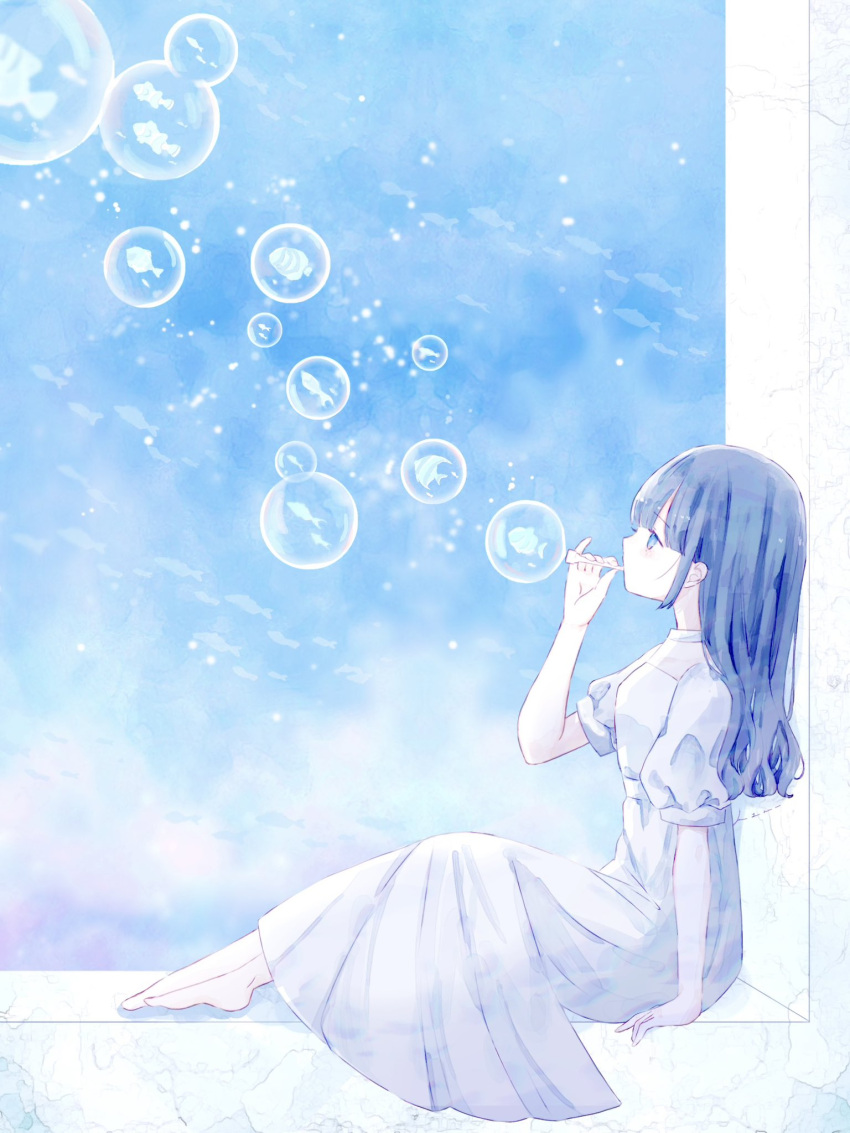 1girl barefoot blue_eyes blue_hair blue_theme bubble bubble_blowing dress from_side full_body hand_up highres kotono_n0 long_hair original profile puffy_short_sleeves puffy_sleeves short_sleeves sitting sky solo white_dress