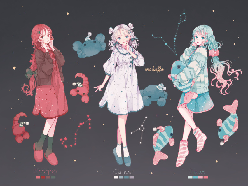 3girls ankle_socks aqua_eyes artist_name black_background blue_bow blue_eyes blue_footwear blue_socks bow braid cardigan color_guide constellation double_bun dress earrings full_body gradient_hair green_bow grey_hair hair_bow hair_bun hair_ornament hairclip hand_on_own_face hand_to_own_mouth highres holding holding_stuffed_toy jacket jewelry long_hair long_sleeves looking_at_viewer mokaffe multicolored_hair multiple_girls nail_polish no_shoes open_cardigan open_clothes open_mouth original pink_hair polka_dot polka_dot_bow polka_dot_dress puffy_long_sleeves puffy_sleeves red_dress red_eyes red_footwear red_nails redhead ribbon slippers smile socks standing star_(symbol) striped_clothes striped_socks stuffed_animal stuffed_toy twintails very_long_hair wavy_hair white_dress