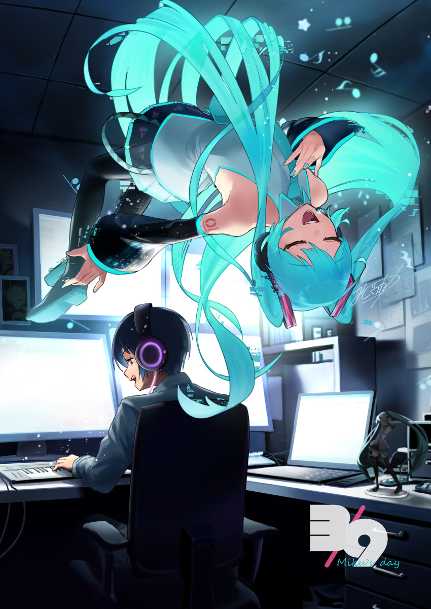 1boy 1girl :d absurdres aqua_hair aqua_necktie black_footwear black_skirt black_sleeves blue_eyes blue_hair boots character_name character_signature closed_eyes collared_shirt computer detached_sleeves english_text figure floating full_body graph grey_shirt hair_between_eyes hair_ornament hatsune_miku headphones highres indoors instrument keyboard_(instrument) kinosuke_(pattaba) laptop long_hair miku_day monitor musical_note necktie number_tattoo open_mouth pleated_skirt quarter_note shirt shoulder_tattoo skirt sleeveless sleeveless_shirt smile star_(symbol) tattoo teeth thigh_boots tongue twintails very_long_hair very_long_sleeves vocaloid