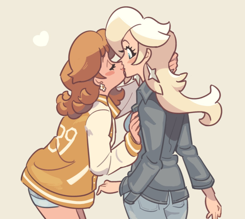 2girls arms_at_sides black_jacket blonde_hair blue_eyes blush blush_stickers brown_hair closed_eyes cowboy_shot denim denim_shorts earrings eyelashes flipped_hair flower_earrings from_side hair_over_one_eye hand_in_another's_hair hand_on_another's_chest heart highres jacket jeans jewelry kiss leaning_on_person letterman_jacket lips long_hair loveycloud multiple_girls numbered orange_jacket pants princess_daisy rosalina shorts smile star_(symbol) star_earrings super_mario_bros. yellow_background yuri