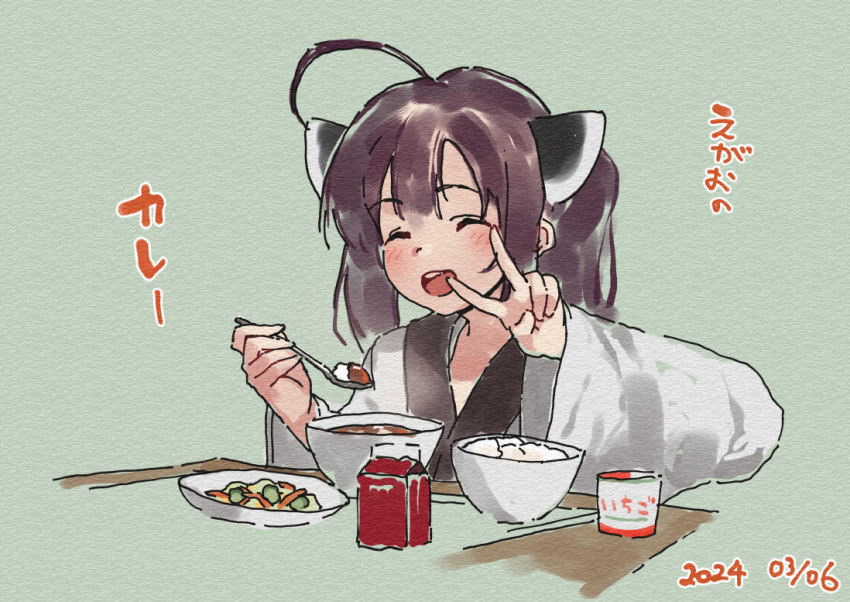 1girl :d ^_^ ahoge blush bowl brown_hair closed_eyes dated facing_viewer food food_request green_background headgear holding holding_spoon japanese_clothes kimono lamb_(hitsujiniku) long_sleeves plate rice simple_background smile solo spoon table teeth touhoku_kiritan translation_request twintails upper_teeth_only v voiceroid white_kimono wide_sleeves
