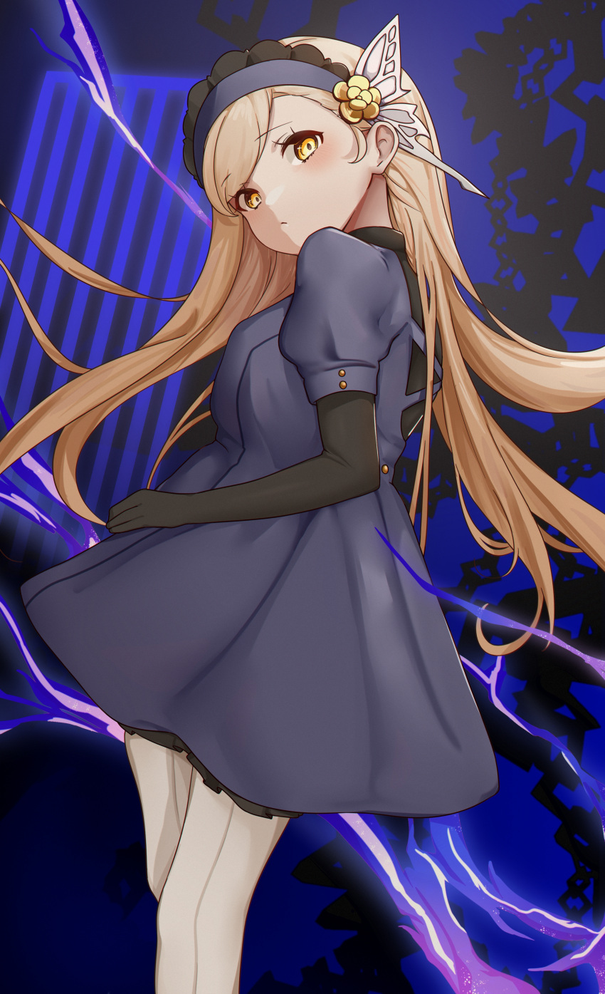 1girl absurdres black_gloves blonde_hair blue_dress blue_hairband blush butterfly_hair_ornament dress elbow_gloves from_side gloves hair_ornament hairband highres lavenza_(persona_5) long_hair looking_at_viewer persona persona_5 puffy_short_sleeves puffy_sleeves short_sleeves solo swept_bangs thigh-highs velvet_room white_thighhighs xiaoshi_(user_dxvf4253) yellow_eyes