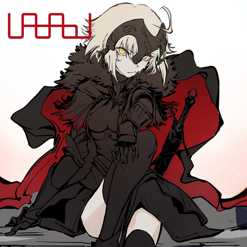 1girl armor black_armor black_cape blonde_hair cape closed_mouth crossed_legs fate/grand_order fate_(series) hair_ornament hand_on_own_knee highres jeanne_d'arc_alter_(fate) looking_at_viewer plate_armor red_cape short_hair sitting solo sword uaaaou weapon yellow_eyes