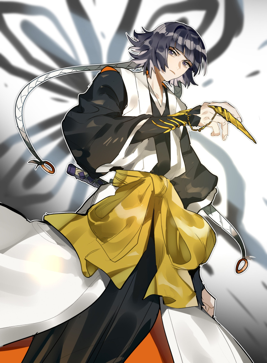 1girl absurdres belt black_hair black_kimono bleach blunt_bangs closed_mouth cowboy_shot hair_ornament hand_up highres japanese_clothes katana kimono looking_at_viewer looking_down sleeveless_haori solo standing sui-feng sword violet_eyes weapon white_background white_haori xi_luo_an_ya yellow_belt
